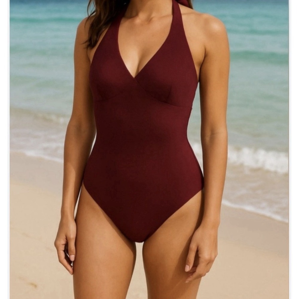 NWT Spanx Pique Halter Shaping One Piece Swimsuit Mulberry Size XL